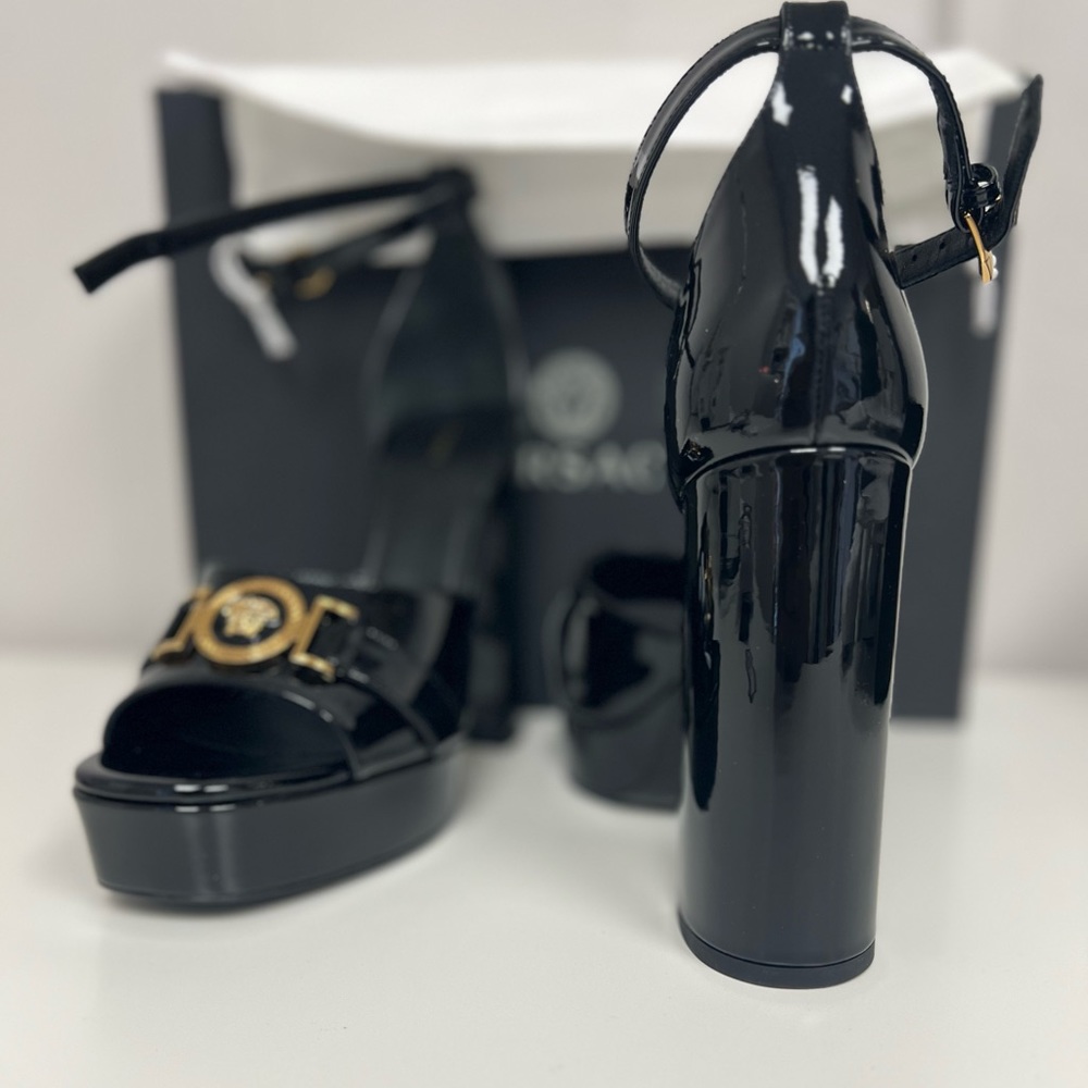 Versace Patent Leather Platform Sandal with Gold Hardware 38